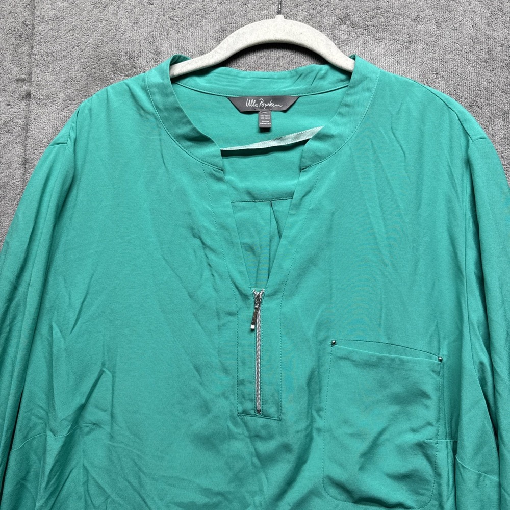 Ulla Popken Top Womens 20/22 Shirt Tunic Green Roll Tab Sleeve 1/2 Zip Turquoise